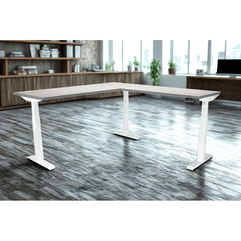 Skyline Electric Height Adjustable 66x30x48x24 L-Shape Standing Desk for Office and Home, Charcoal Strand Top with White Frame