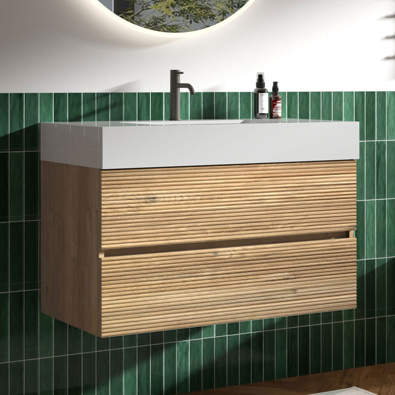 Meuble-lavabo mural avec surface solide et 2 tiroirs à fermeture en douceur, 36", Chêne brut, Blanc