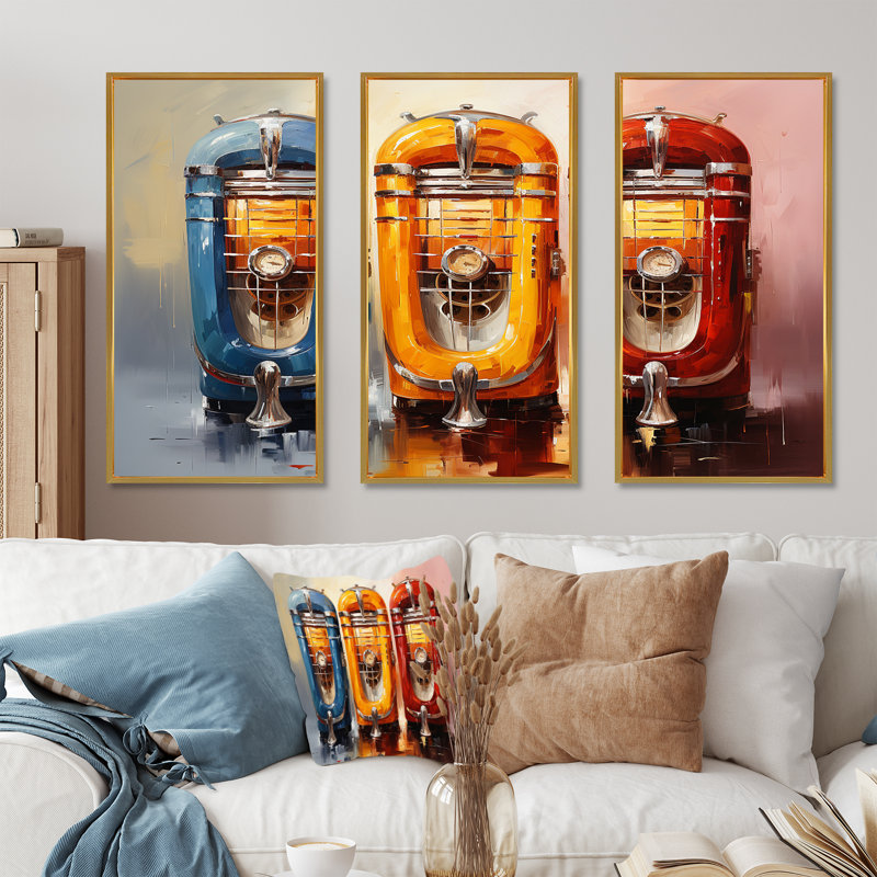 Colorful Colorful Jukebox Jams 1 - Jukeboxes, art mural, Cadre flottant doré, H 40 po x l 60 po x P 1 po