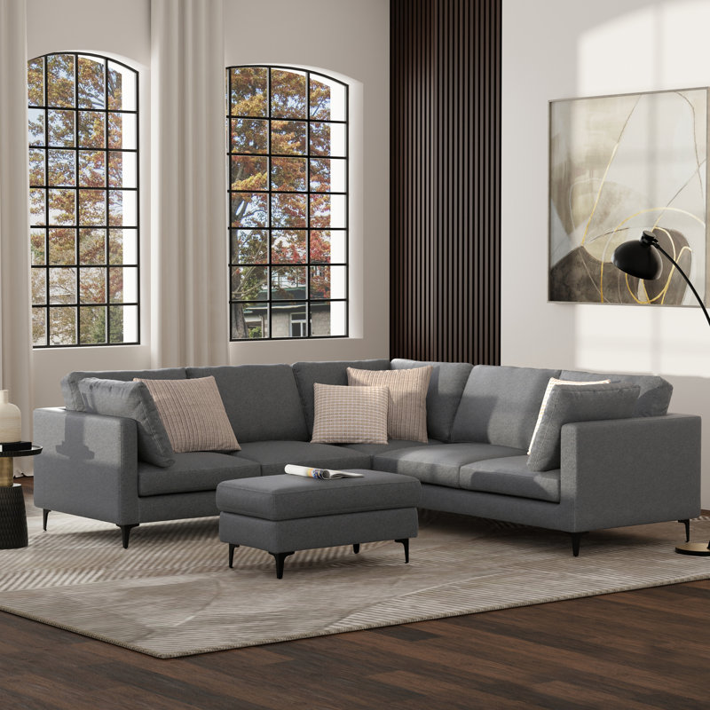 Ita Large Mid Century Corner Sectional, L-Shaped Sofa with Performance Fabric and Reversible Cushions, Pebble Gray