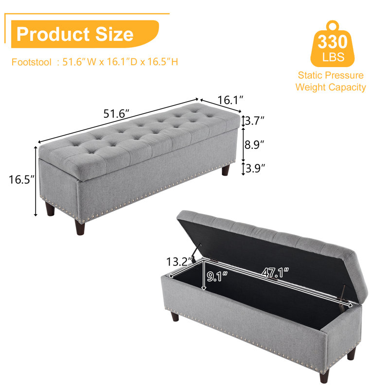 Amelda Upholstered Storage Bench, Gray 100% Linen
