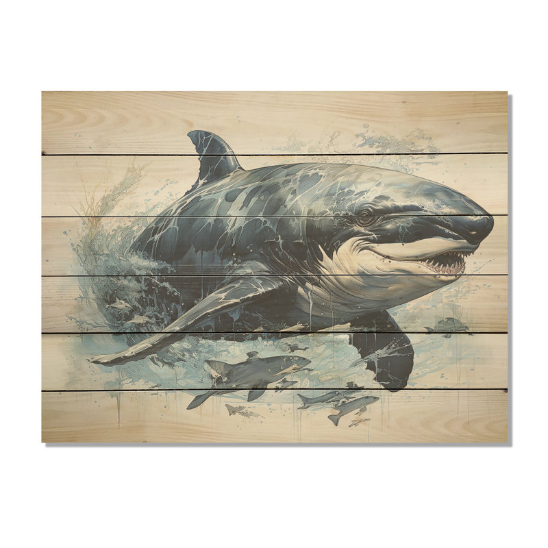 «Breaching Whale I» - panneau mural en bois de requin sur bois de pin naturel, H 30 po x l 40 po
