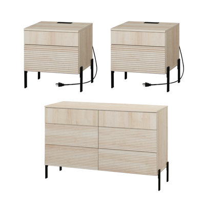 Laverda 6 Drawer Dresser And Nightstand Set For Bedroom, Bedroom Set, Double Dresser With Hidden Handles, Reed Pattern & Double Chopsticks Legs