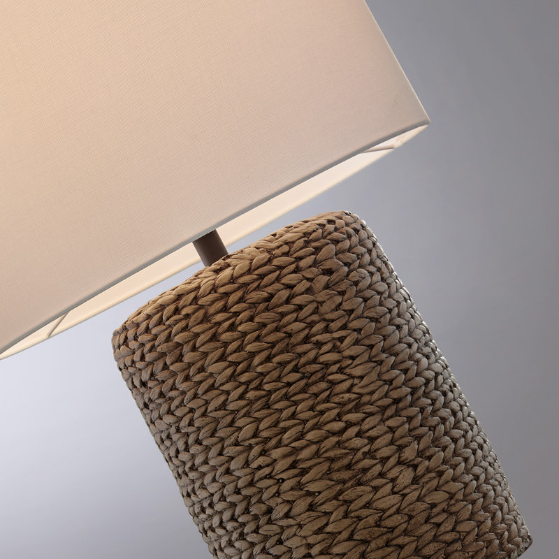Cordless Brown Woven Seagrass Outdoor Table Lamp with Ivory Fabric Shade