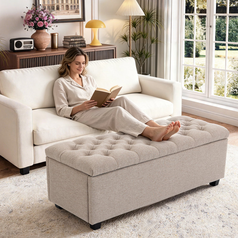 Banc ottoman de rangement classique rembourré, Light Brown, Light Brown