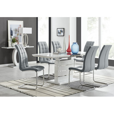 Everson High Gloss Extendable Dining Set with 6 Luxury Faux Leather Upholstered Dining Chairs