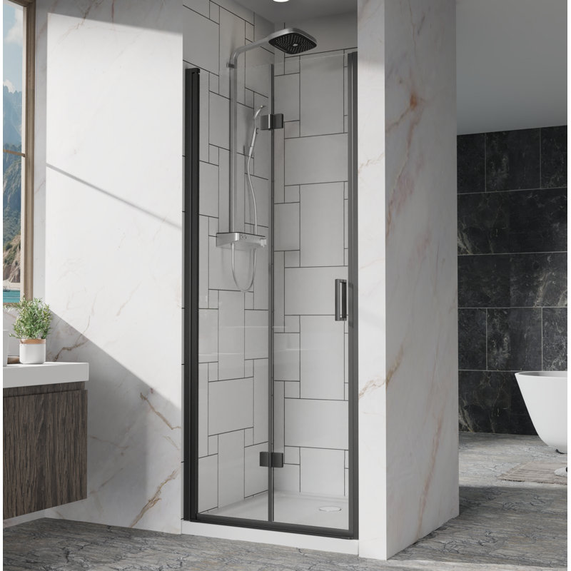 30"X 72" Pivot Bifold Frameless Glass Shower Door 1/4 Inch (6Mm) Tempered Clear Glass Swing Shower Panel In Black Finish, Reversible Installation