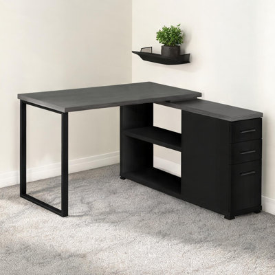 L-Shaped Computer Desk with Drawers, 47.25 Inches, Black-Toned Laminate and Metal