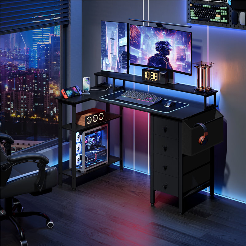 L-Shaped Computer Desk with Power Outlet, Black, 120cm L x 68cm W x 86.5cm H