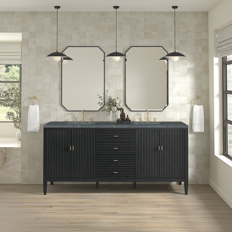 Myrrin 72'' W Double Vanity, Carbon Oak, Parisian Blue, 8" Widespread