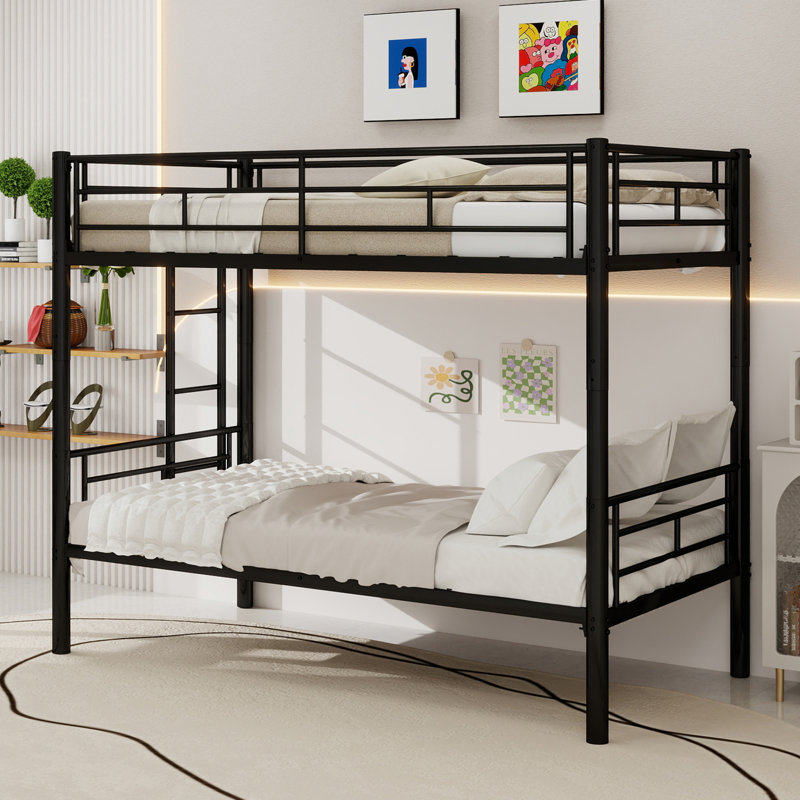 Lit superposé simple au-dessus d'un lit simple en métal pour enfants, structure de lit en métal avec échelles et garde-corps, 2 lits convertibles, aucun sommier requis