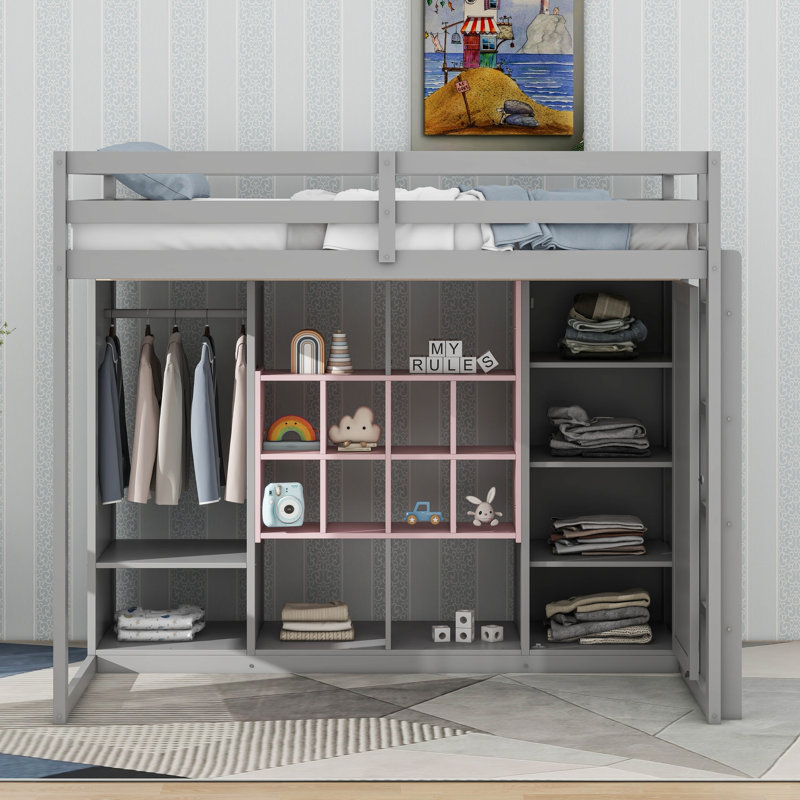 Wood Loft Bed With Wardrobe, Storage Shelves And Cabinet, Gray/Pink, Twin