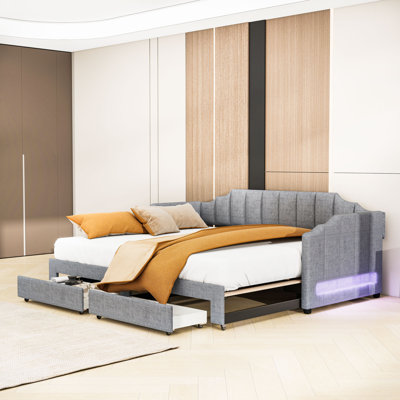 Twin XL Size Extendable Upholstered Daybed with LED Light and Storage Drawers