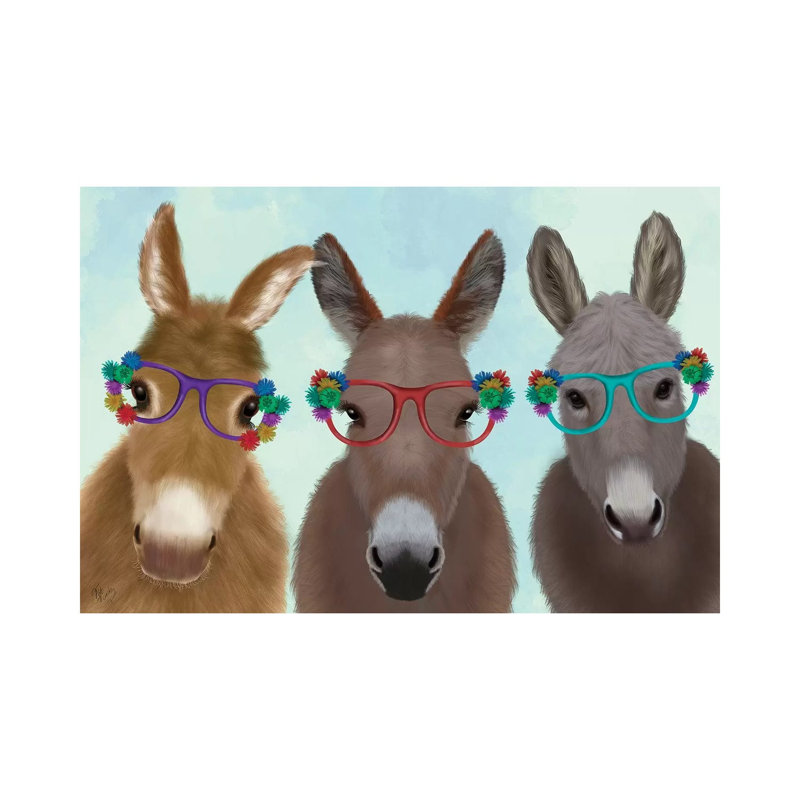 Donkey Trio Flower Glasses 1 Piece Wrapped Canvas Wall Art, 20.32 cm H x 30.48 cm W