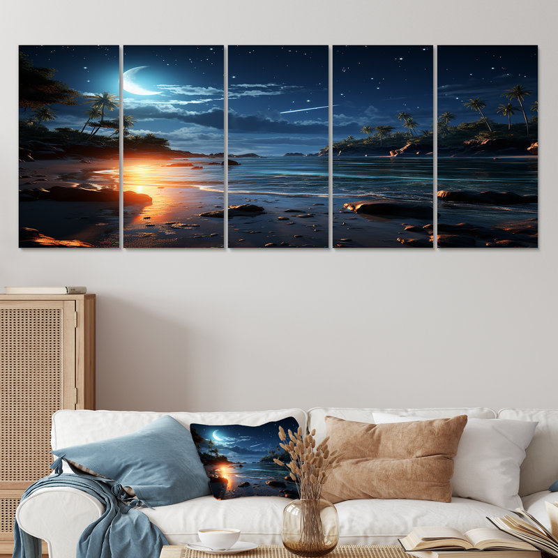 Mystic Tropical Beach Moonlight I - Coastal Beach, art mural 5 pièces, H 28 po x l 60 po