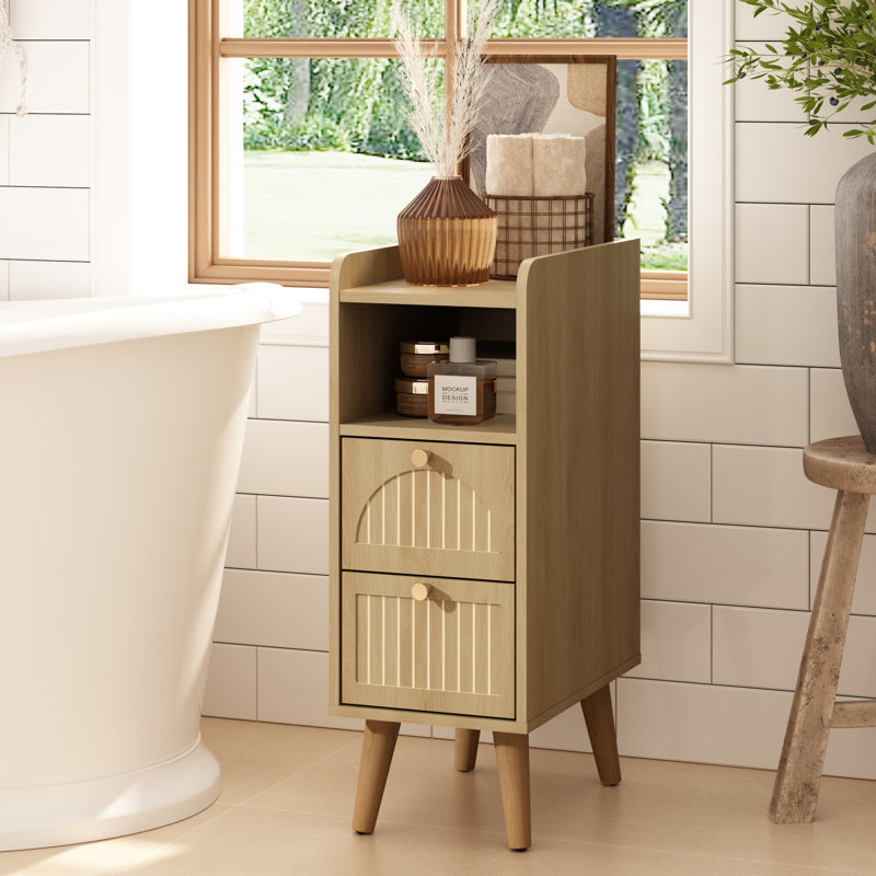Table de chevet étroite en bois massif avec 2 tiroirs Adalia, Naturel