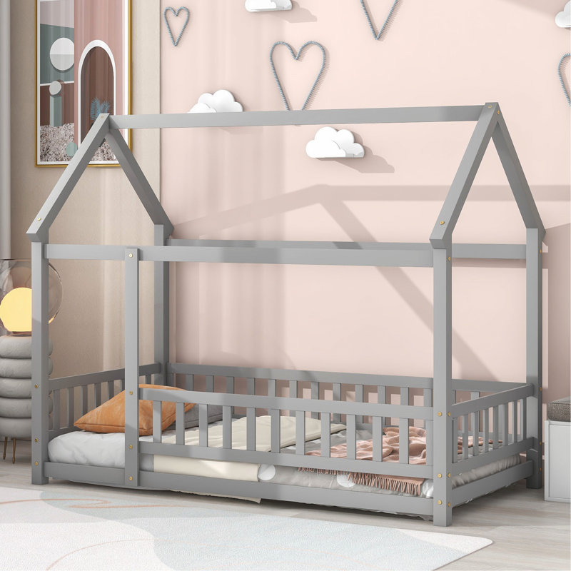 Thendara Floor Bed Frame, Wooden Platform Bed with House Roof Frame and Fence Guardrails, Twin, Grey