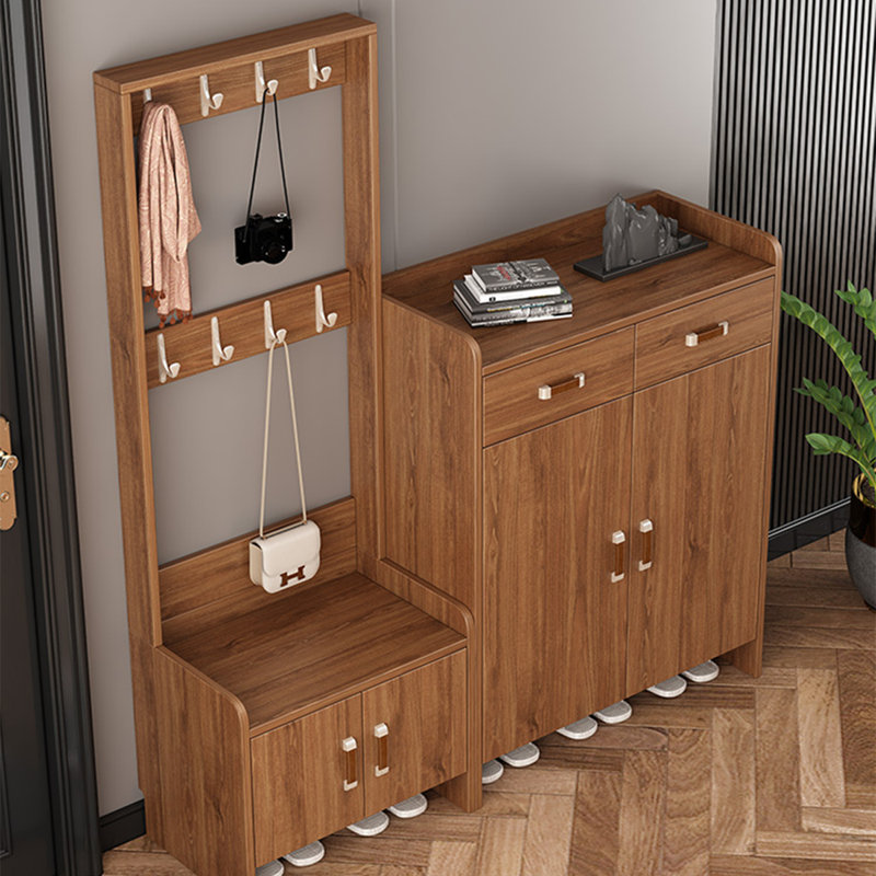 Meuble à chaussures d'entrée tout-en-un 65,55 "avec finition noyer avec banc et support à vêtements, rangement multifonctionnel pour vestibule