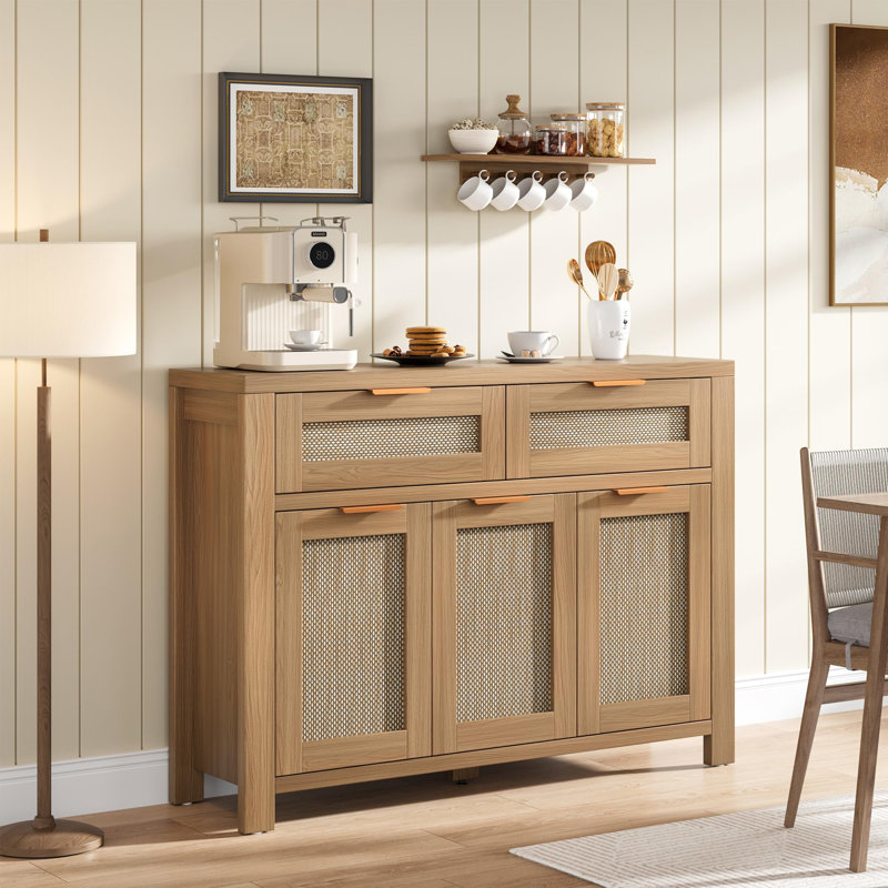 Rattan Buffet Cabinet, Boho Sideboard with 2 Drawers, Adjustable Shelf, High-Leg Storage Cabinet with Anti-Tip Hardware,for Kitchen,Dining Room,Entryway,Living Room, Light / Dark Oak