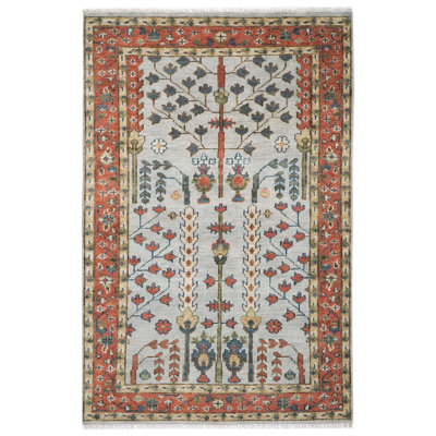 Tapis transitionnel gris en laine noué à la main 4 pi 11 po x 8 pi 1 po Oushak