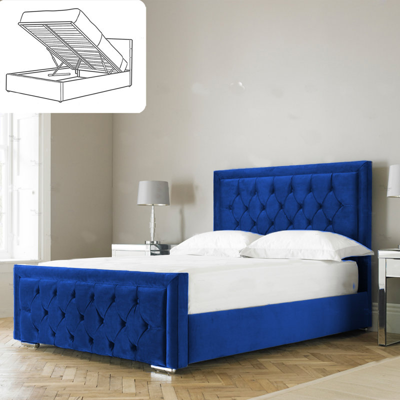 Aura Averian Upholstered Ottoman Storage Bed - Plush Velvet Gas Lift Bed Frame with Headboard, Single (3'), Blue