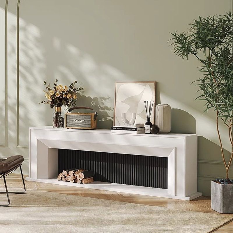 Meuble télé avec foyer en bois de hêtre massif blanc / noir clair, L 70,87 po, Blanc