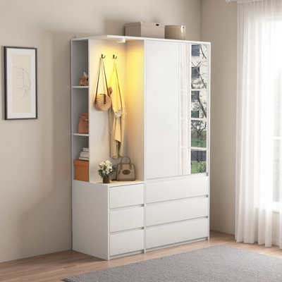 Armoire-penderie H 70,8 po, armoire de chambre en bois avec 3 portes et 2 tiroirs, armoire de rangement pour vêtements moderne avec tablettes de rangement et rail de suspension