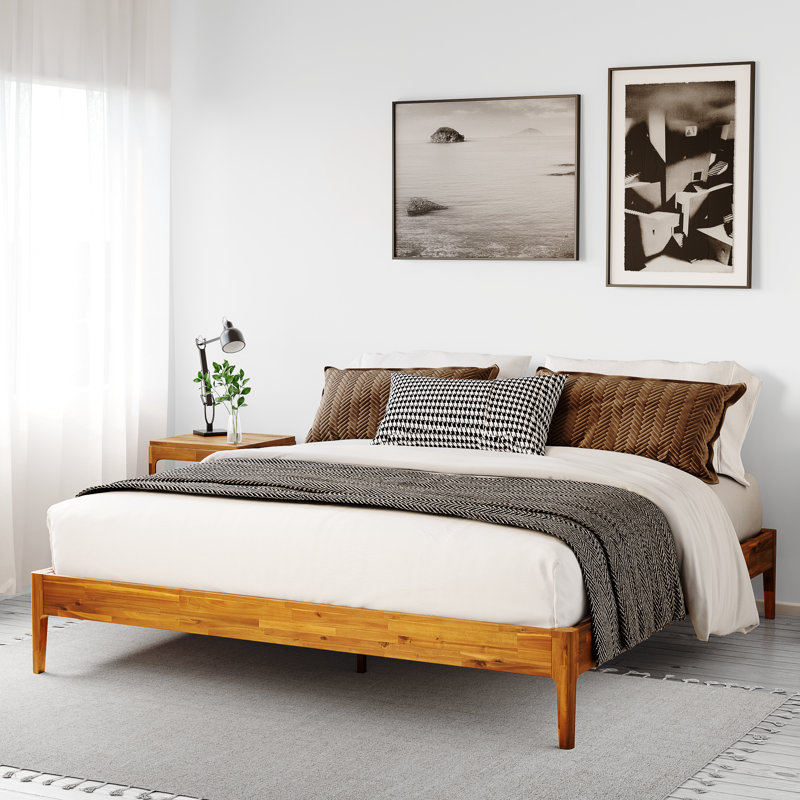 Jaxson Modern Acacia Solid Wood Platform Bed Frame, Exclusive Curved Bed Legs, No Headboard, 800lbs Heavy Duty Capacity, No Box Spring Needed