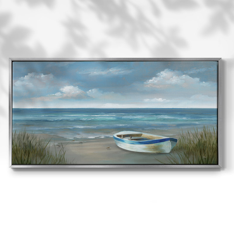 Bateau à marée haute - Toile tendue avec châssis encadré - Prêt à être accroché, H 25 po x l 49 po, Argent argent