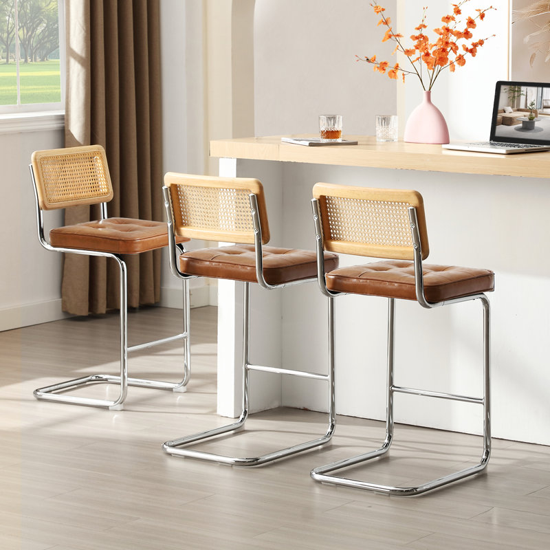 Marlow Mid-Century Modern Rattan Back Tufted Leather Upholstered 25.6" Counter Stool with Chrome Steel Sled Frame, Brown, 3