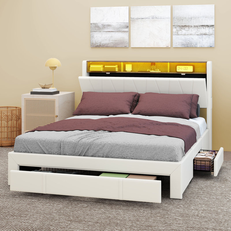 Upholstered Storage Bed with 3 Drawers & LED Light, King, White