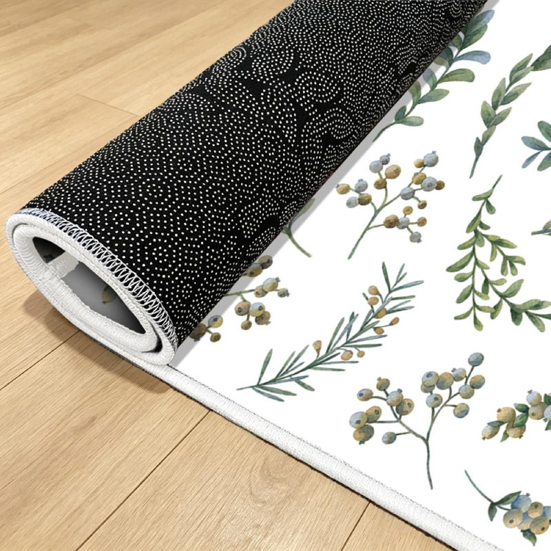 Green Botanical Floral Watercolor Plant Branch Elegant Machine Washable Indoor Area Rug, Rectangle 79" x 118"
