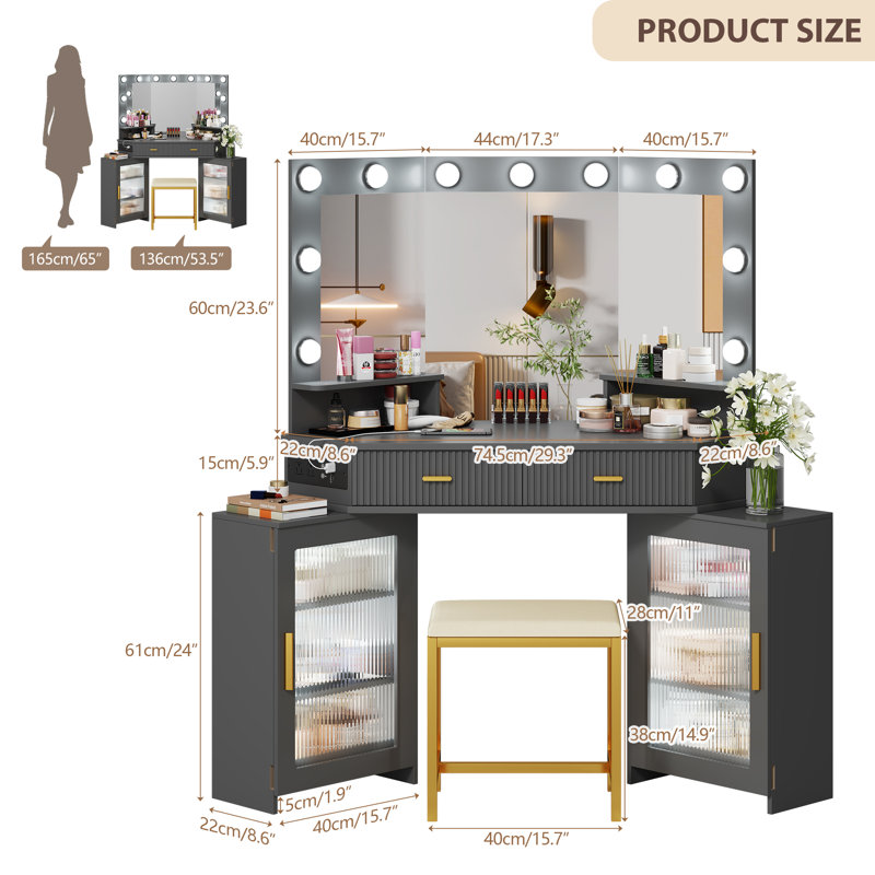 Dressing Table with Motion Sensor 3-colour lighting, Charging Socket, Storage Drawers and Stool, Grey