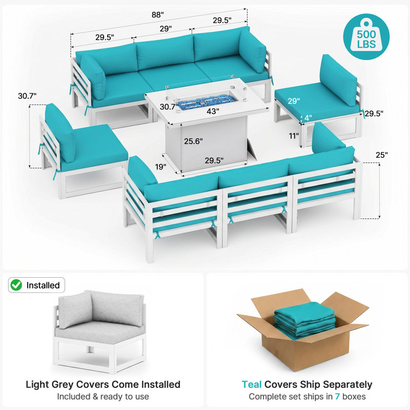 Anevaeh 8-Person Outdoor Patio All-Aluminum Sectional Conversation Set with Fire Pit Table and Cushions, White , Teal