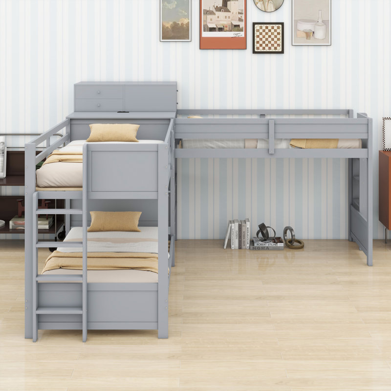 Lit superposé en L avec bureau d'étude intégré, tiroirs de rangement et station de charge, Gris