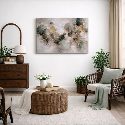 Abstract Green Gold Circular Pattern Composition Artwork, Contemporary Living Room Pictures, Framed Canvas Giclee Print Wall Art