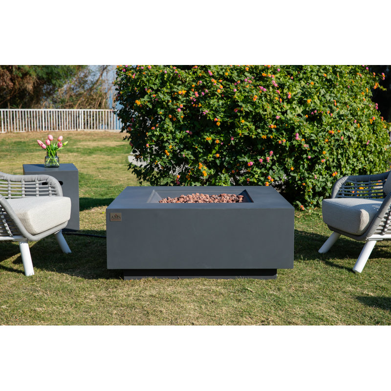 Brooklyn 40" W x 17" H Square Concrete Outdoor Fire Pit Table with Lava Rocks & Cover, Dark Gray, Propane