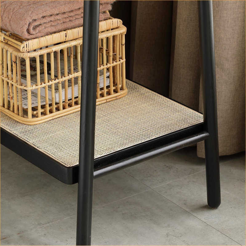 FlowLuxe Ebony Solid Oak Wood Clothes Rack, Natural Rattan Standing Garment Rack with Storage Shelves for Hanging Clothes