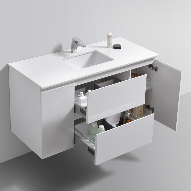 Ensemble de meuble-lavabo mural simple 48 po Layla-Mae, Blanc brillant