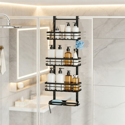 4 Tier Over the Door Shower Caddy, Rustproof Hanging Organizer with Adjustable Shelves, 40 Hooks & Soap Holder