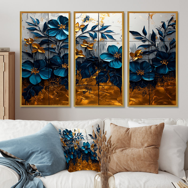 Ensemble de salon art mural bleu polynésien Paradise Poppies Tiles III - Boho Tiles, Toile avec cadre flottant or