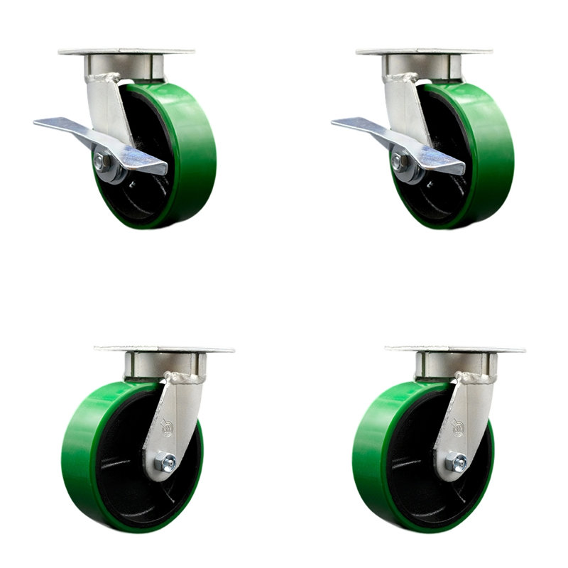 Ensemble de roulettes en poly sur roulettes 6 pouces 6 pouces 4 verrous pivotants 2 freins, Vert