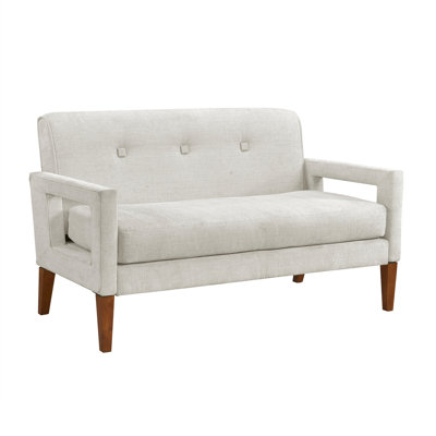 Causeuse en tissu d'ameublement en chenille beige avec pieds en bois massif