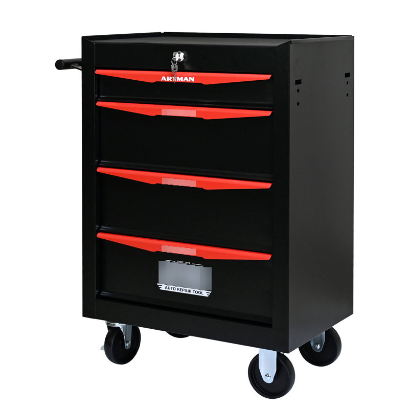 Coffre à outils de 20 po avec 4 tiroirs - Armoire métallique roulante, noir et rouge, acier, boîte en acier universelle, roues, espace pour outils supplémentaires