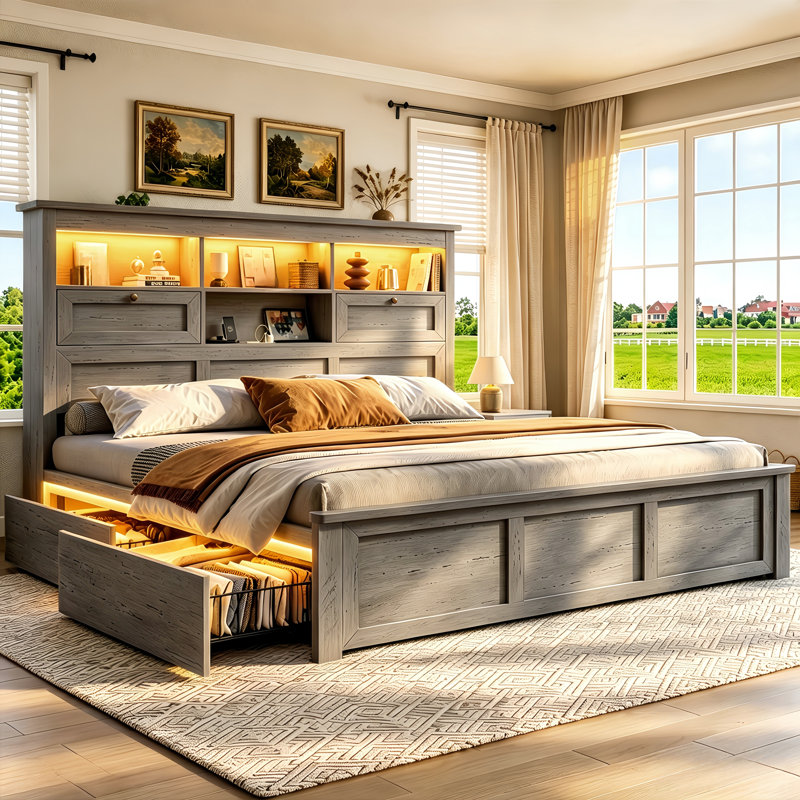 Wood Storage Bed Frame with Bookcase Headboard Farmhouse Heavy Duty Metal Platform Bed with Under-bed Drawers & Side Light Strip and Charging Station No Boxing Need