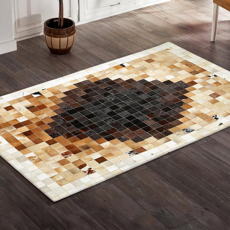 Tapis en cuir de vache brun et crème fait à la main, tapis en cuir véritable, Rectangle de 10 pi x 14 pi
