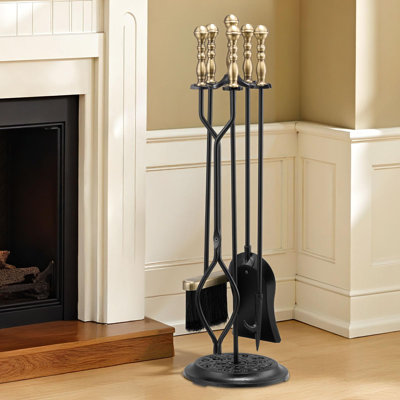 Fireplace Tool Set, Fire Tool Set and Holder with Five-Prong Stand, Tongs, Ash Shovel, Brush, Fire Place Poker, Wrought Iron Fireplace Accessories for Indoor/Outdoor, 5 PCS, (Brass)