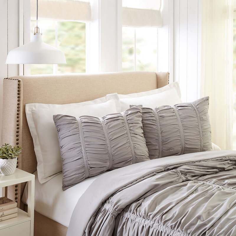 Emily Ruched Solid Textured Comforter Set, Light Gray, Twin/Twin XL Comforter + 1 Standard Sham