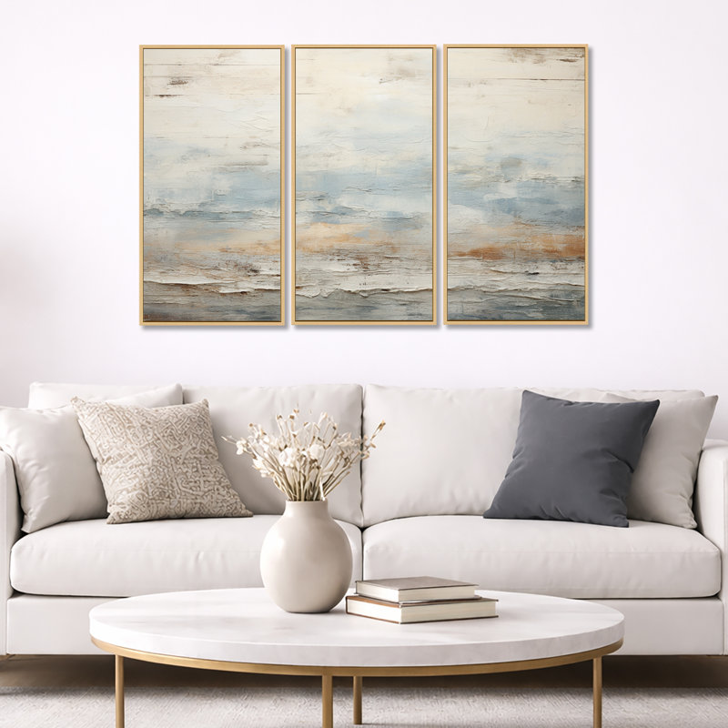 «Beige Blue Ocean Storm», ensemble d'art mural formes abstraites, Toile tendue, H 32 po x l 48 po x P 1 po