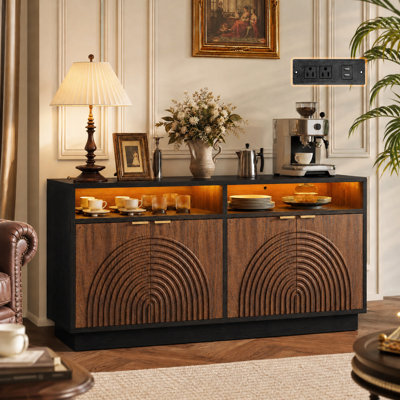 58"L Sideboard Buffet Cabinet with Storage, Fluted Coffee Bar Cabinet, Credenza Strorage Cabinet, Accent Console with LED Light & Power Outlet, Adjustable Shelf for Kitchen Living Room